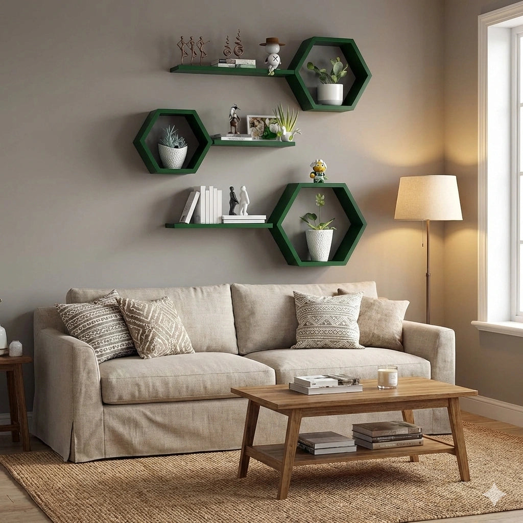 Geometric wooden hexagon wall display shelves in green for plants and home décor