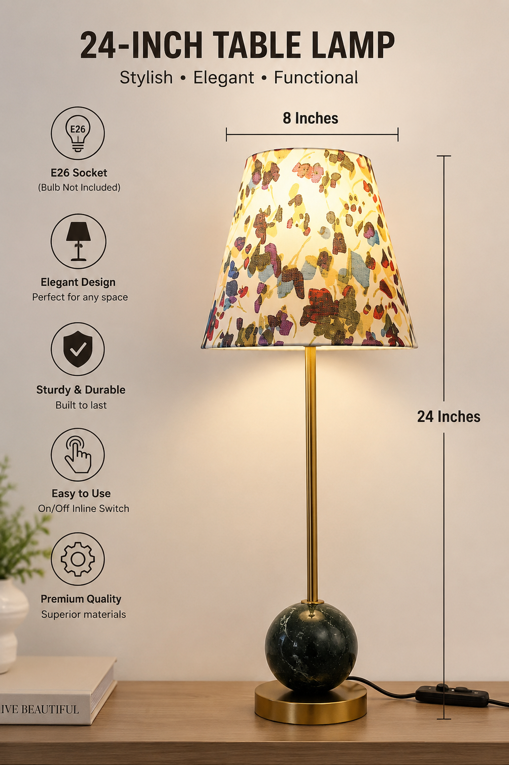 designer Green Marble Table Lamp with Floral Shade  for bedroom By Reggal Decors