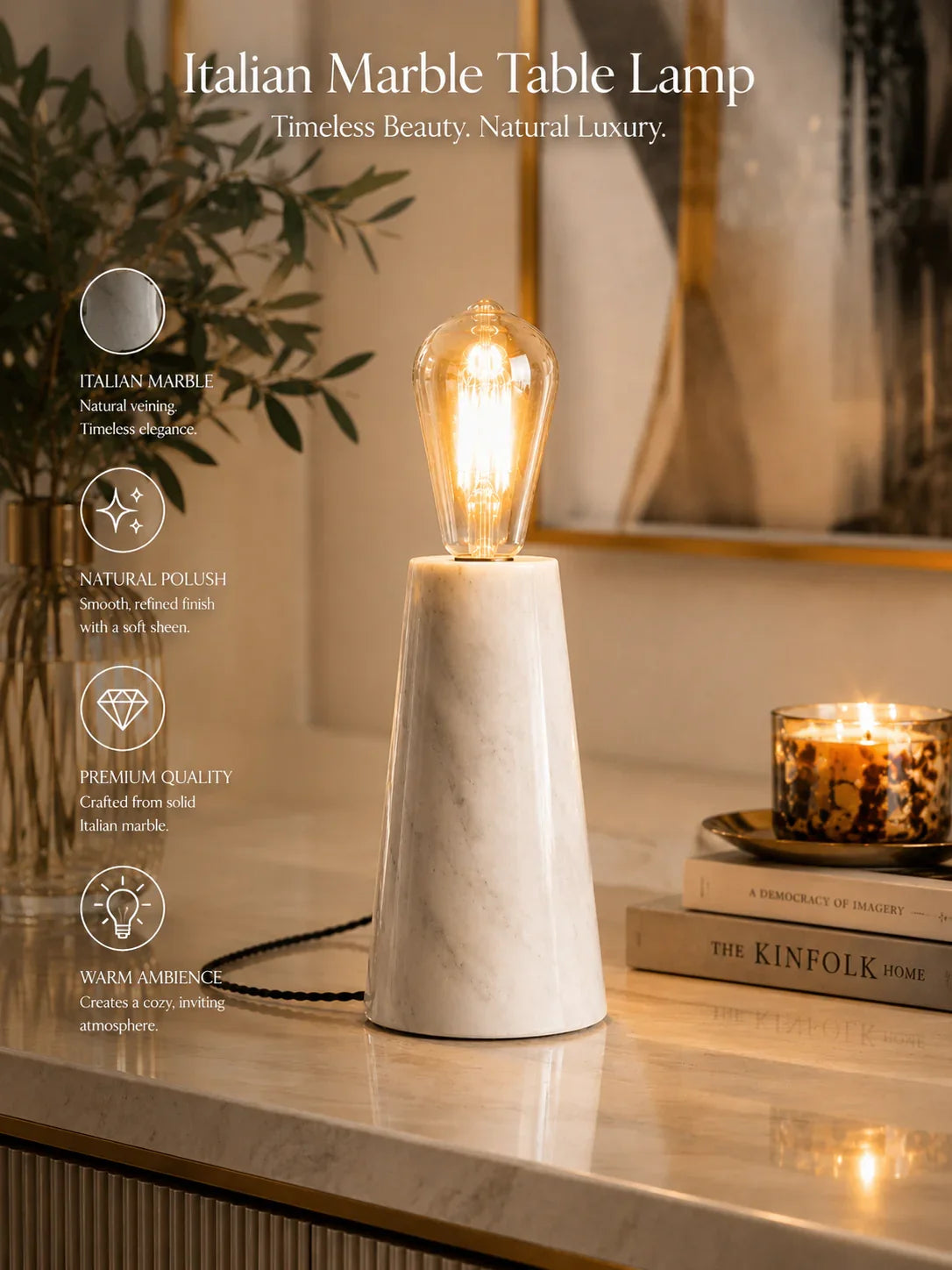 Luxury White Marble Edison Table   Lamp for reading  By Reggal Decors