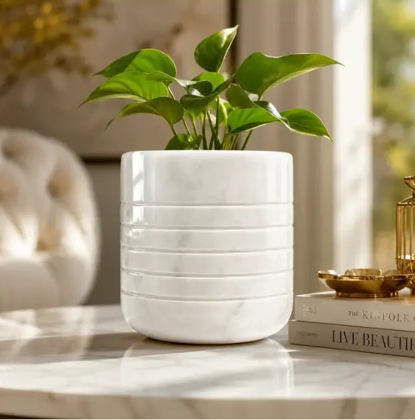 Handcrafted Italian white marble flower pot for luxury home decor with polished natural stone 