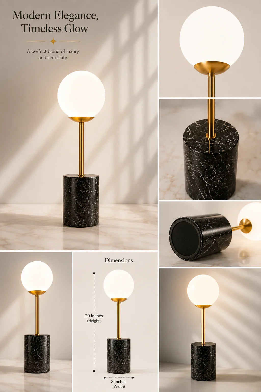 Modern Black affordable Marble Bedside Lamp By Reggal Decors