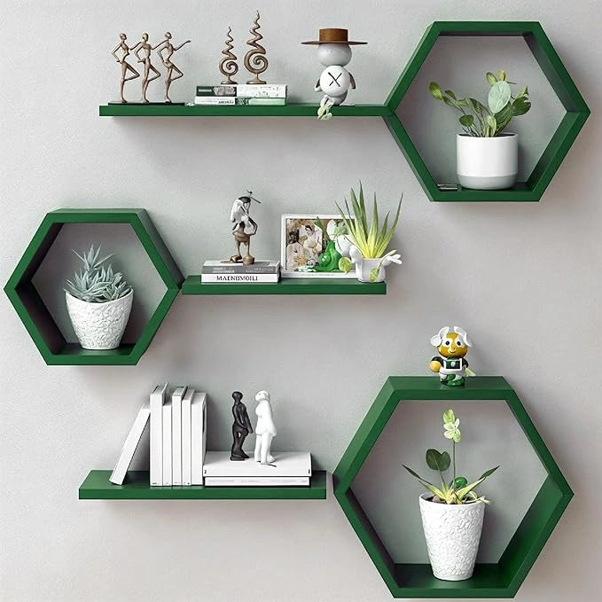 Modern wooden hexagon wall shelves in green for living room, bedroom and office