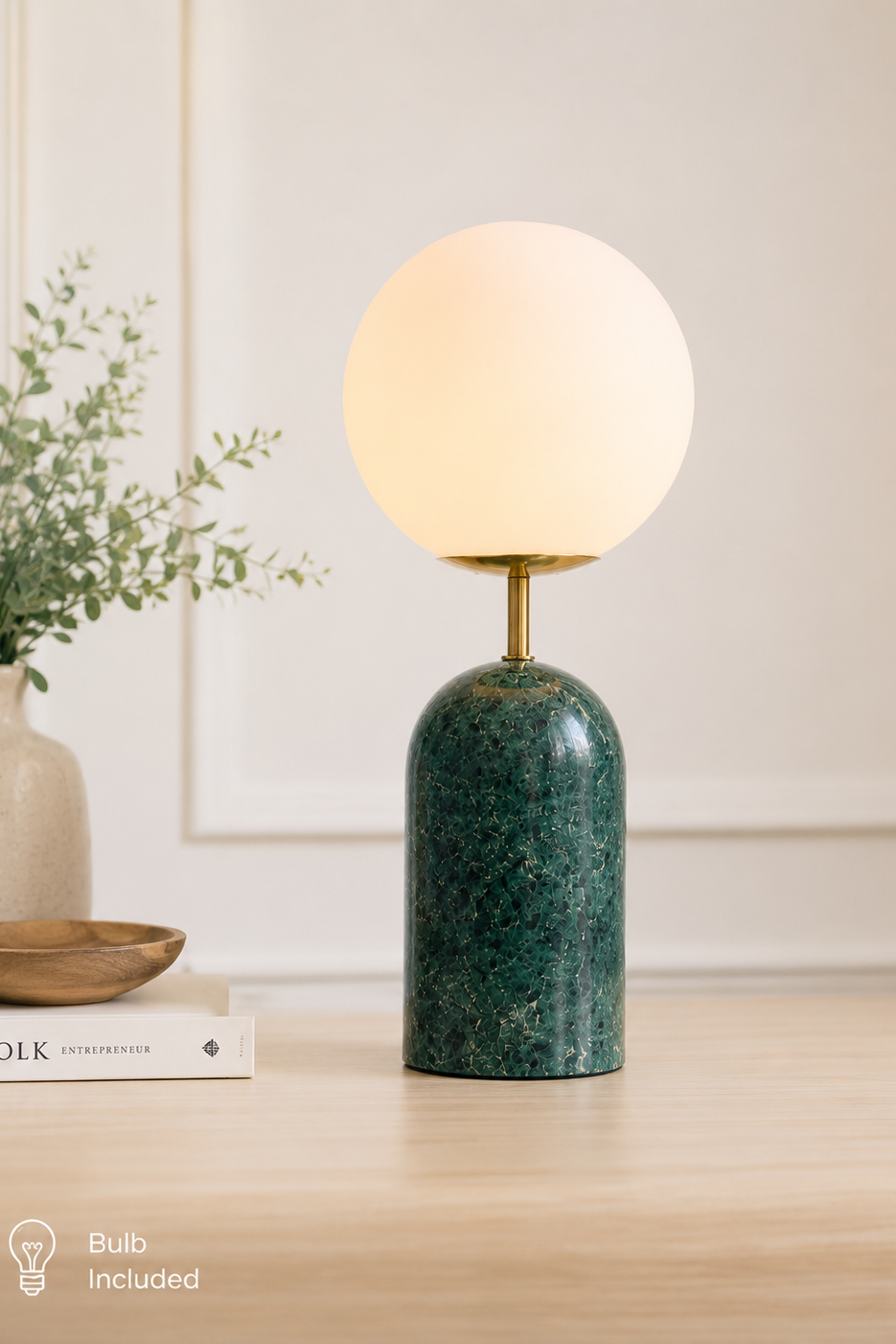 Modern marble bedside table lamp with frosted glass globe