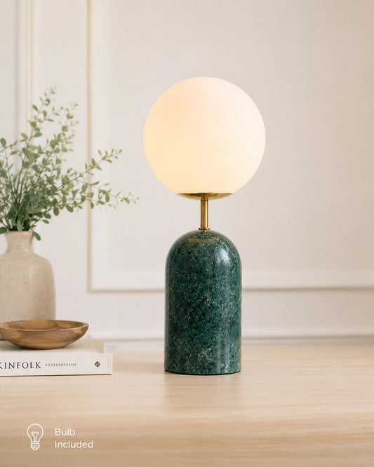 Modern marble bedside table lamp with frosted glass globe fro bedroom By Reggal Decors