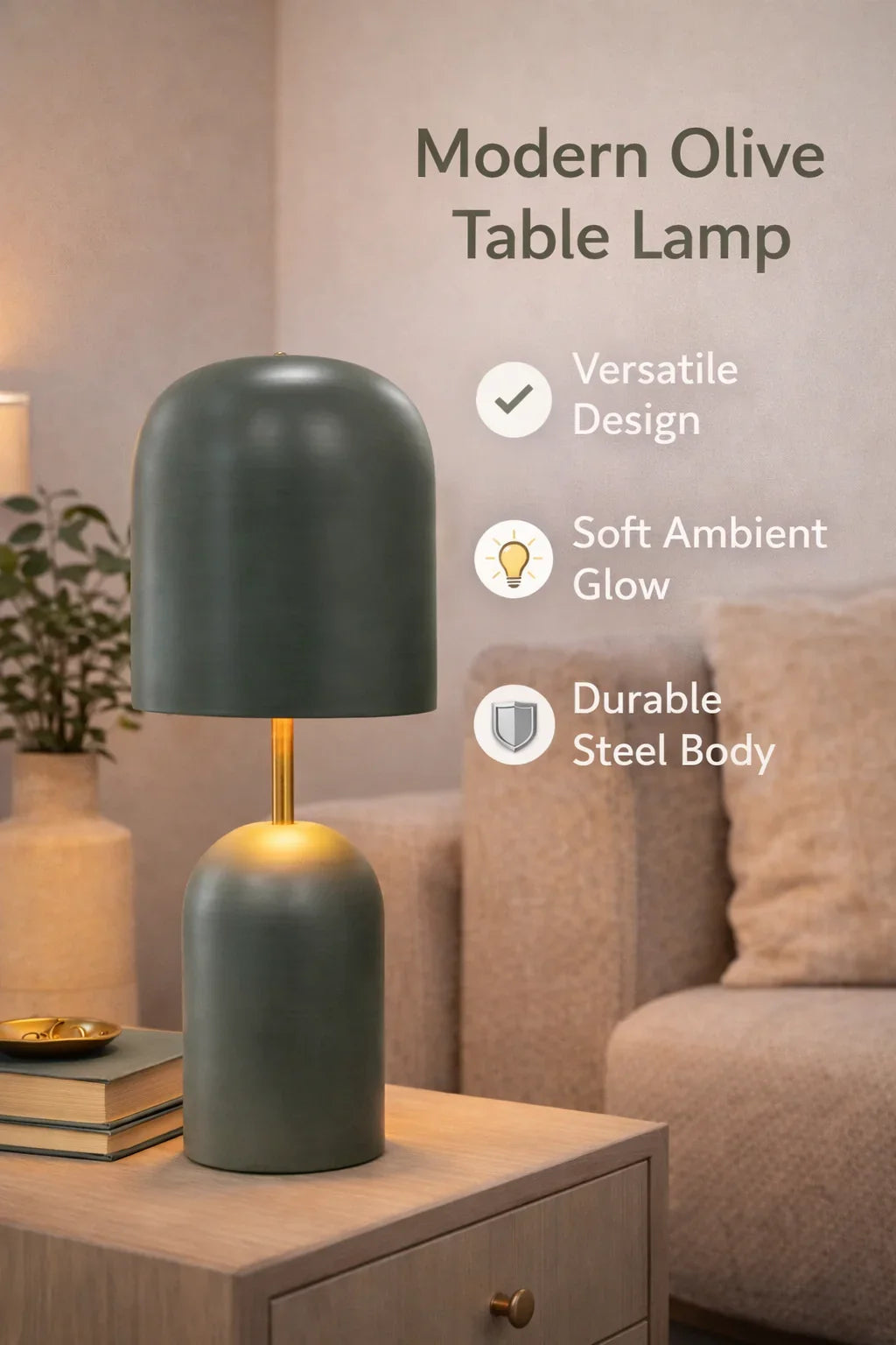 Reggal Decors Olive Green Modern Metal Table Lamp | Minimalist Decorative Bedside Lamp for Bedroom, Living Room & Office