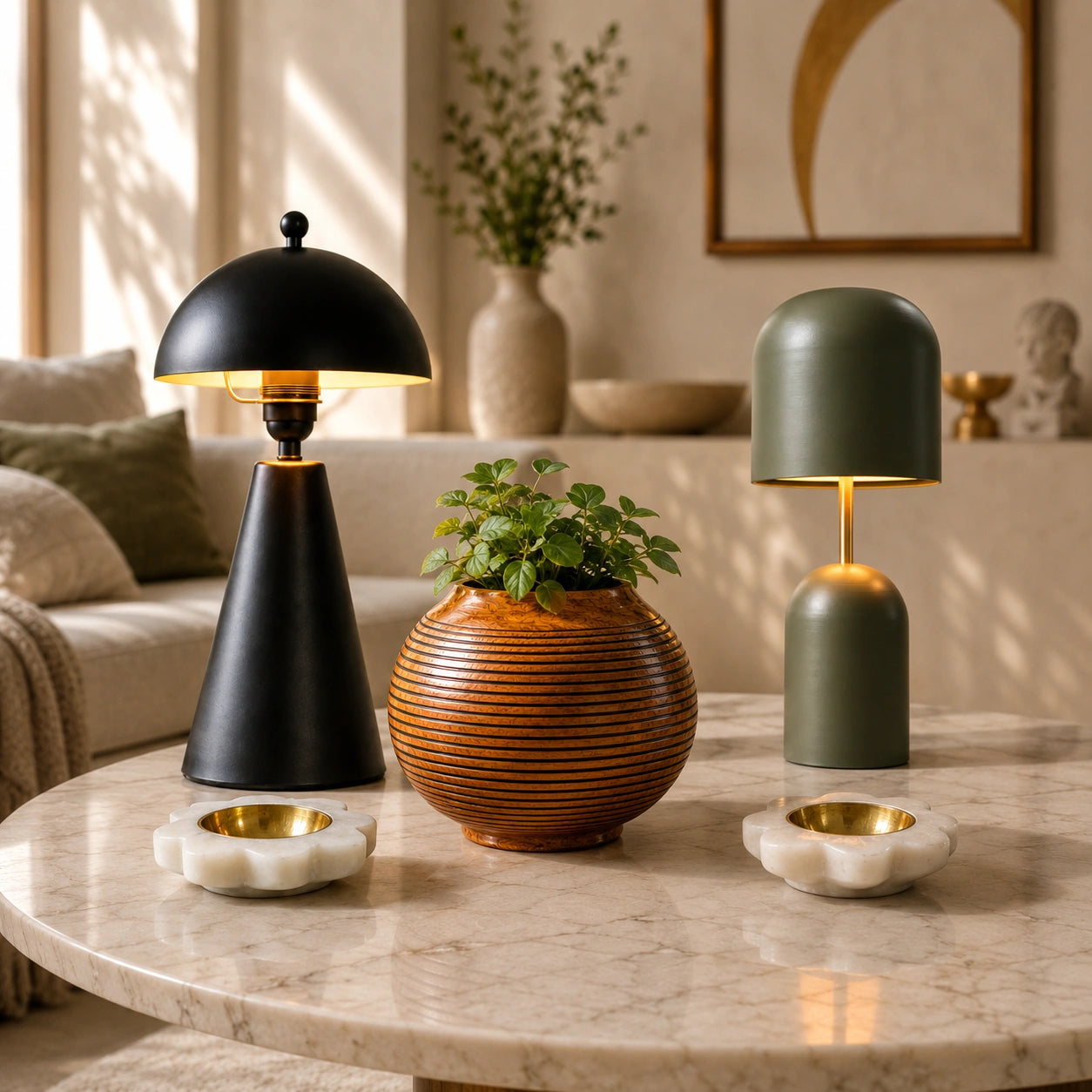 Luxury home décor featuring designer table lamp and elegant planters styled in a modern Indian interior by Reggal Decors