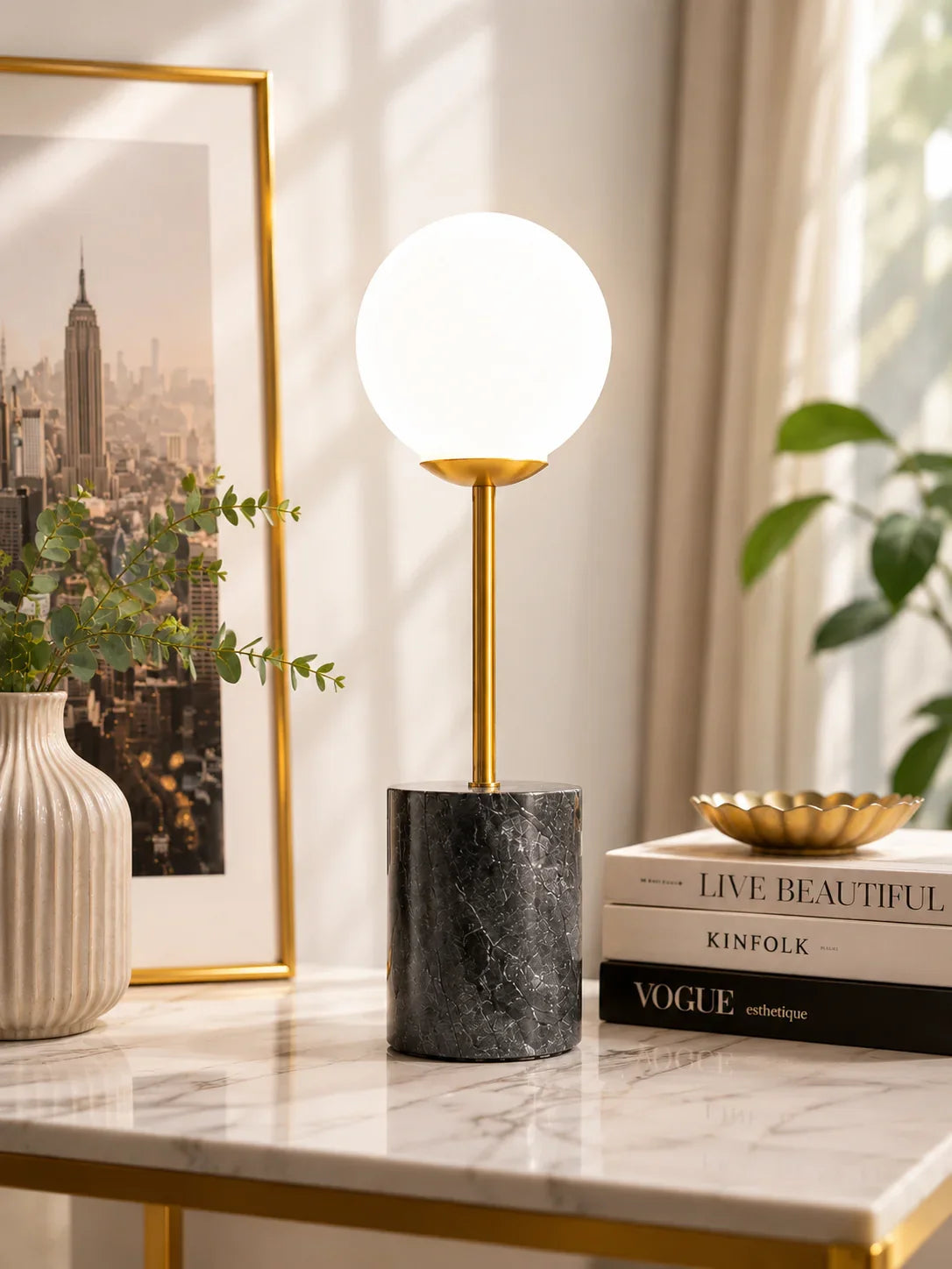 Luxury black marble table lamp with premium fabric shade for bedroom, bedside, and living room decor