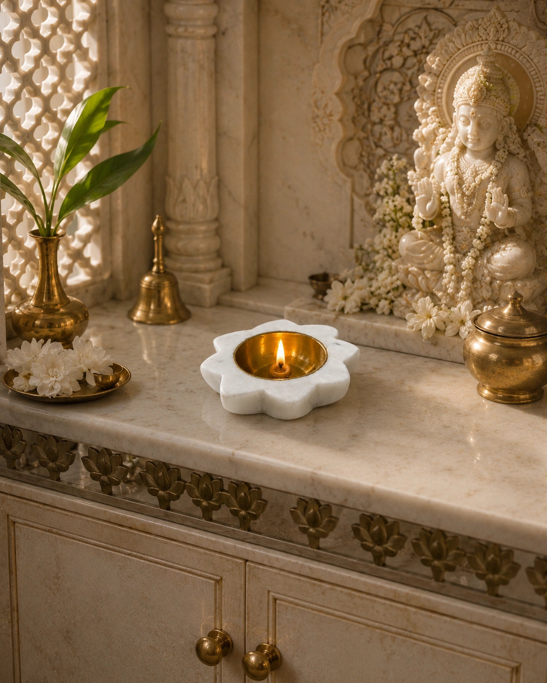 Premium white marble brass diya with flower shaped marble base and golden brass bowl, traditional Indian diya for Diwali Lakshmi pooja mandir decoration