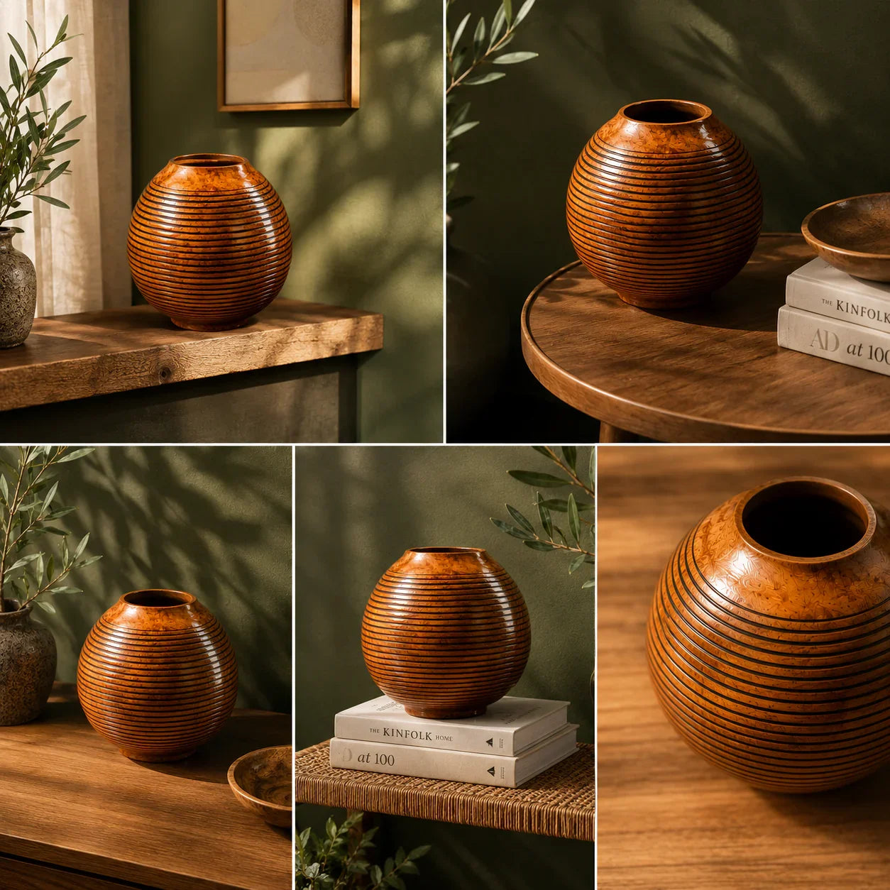Ribbed wooden decorative vase and pot By Reggal Decors