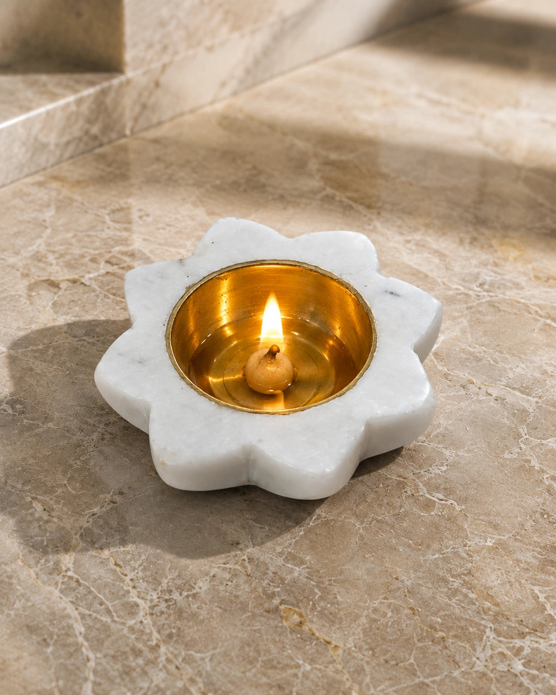 White marble diya with polished golden brass bowl and flower shaped marble base, handcrafted traditional Indian pooja oil lamp for Diwali decoration, mandir decor, festive home decor and spiritual celebrations