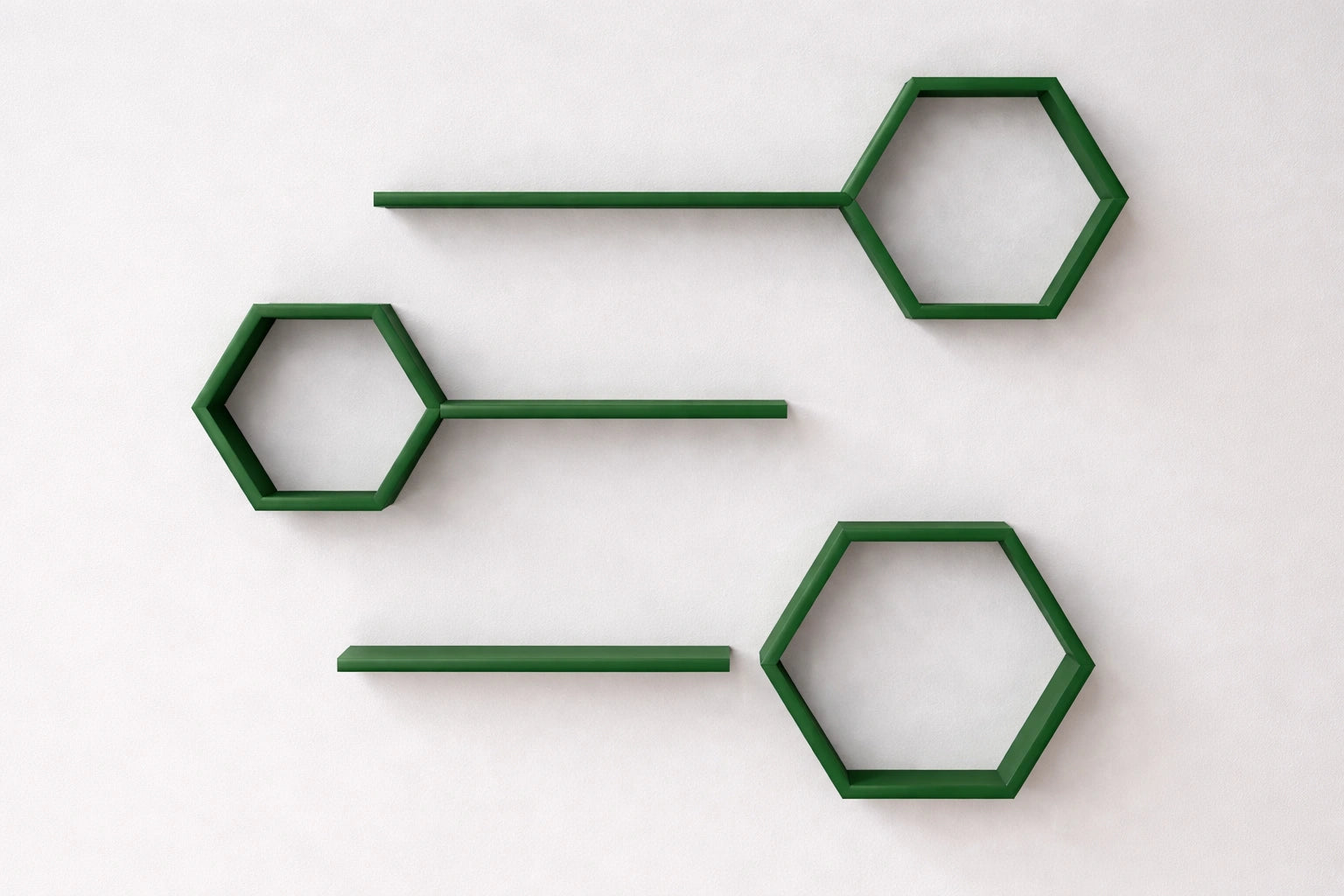 Green hexagon wooden floating shelves with geometric design for stylish wall décor