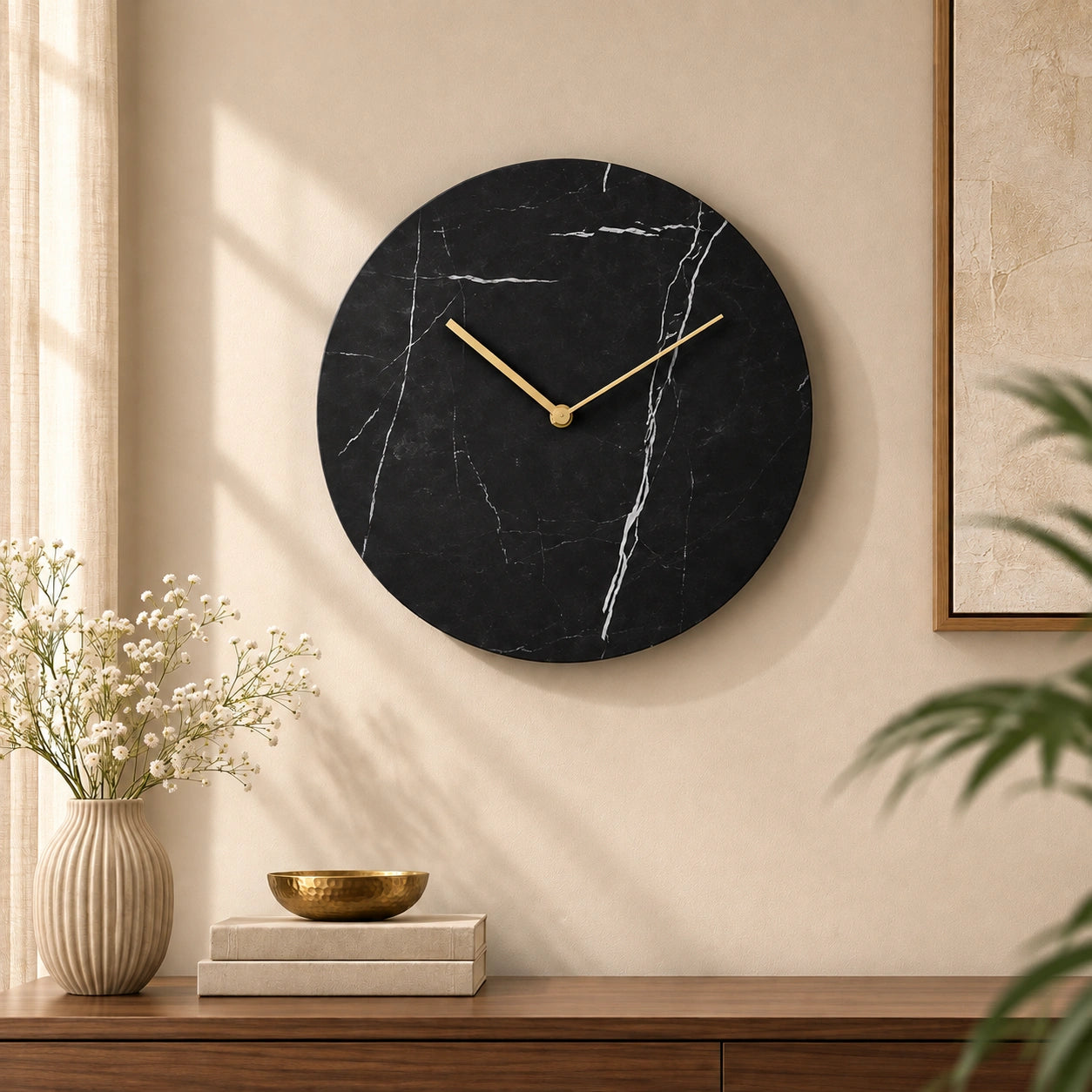 Affordable 14 inch black marble wall clock with elegant gold hands