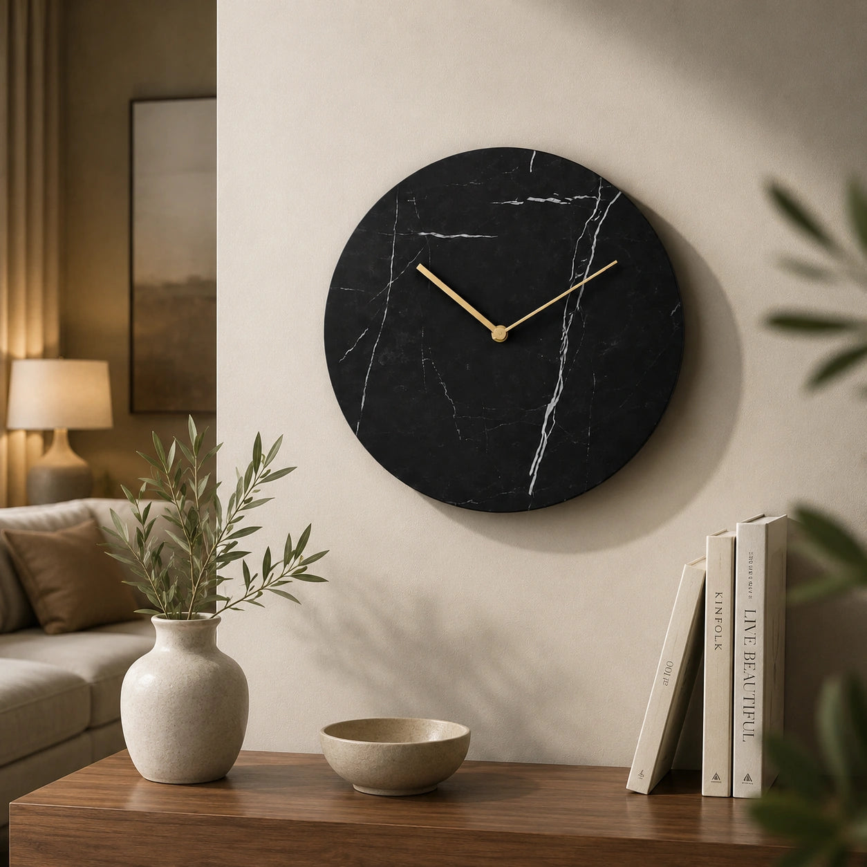 Round black marble wall clock for stylish home and office decor