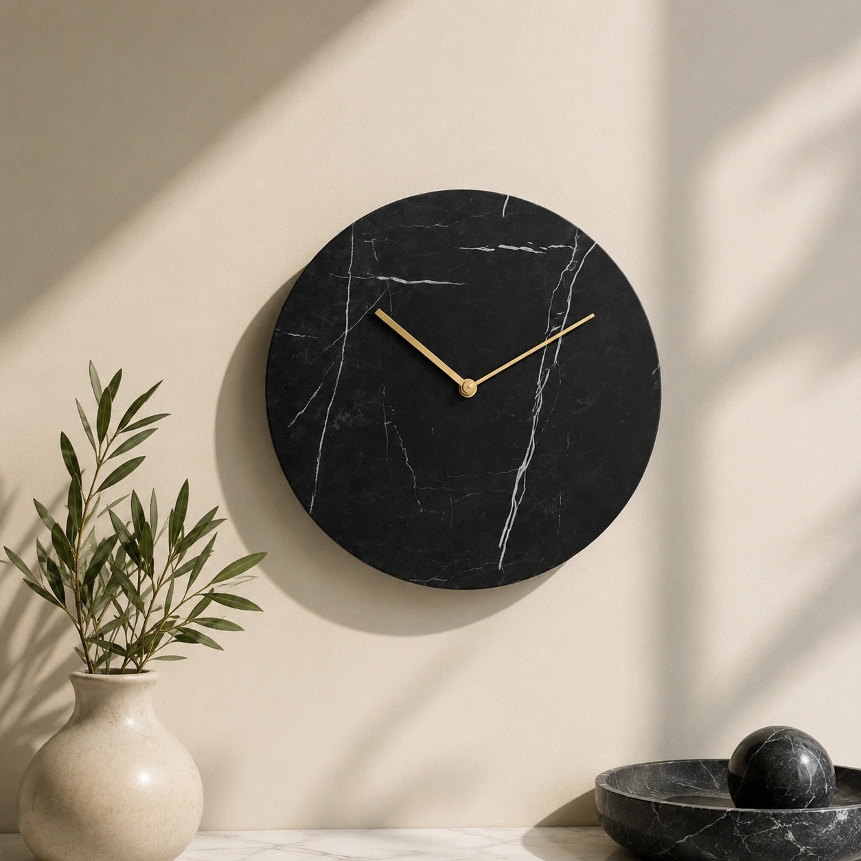 14 inch black marble wall clock with slim 15 mm thickness