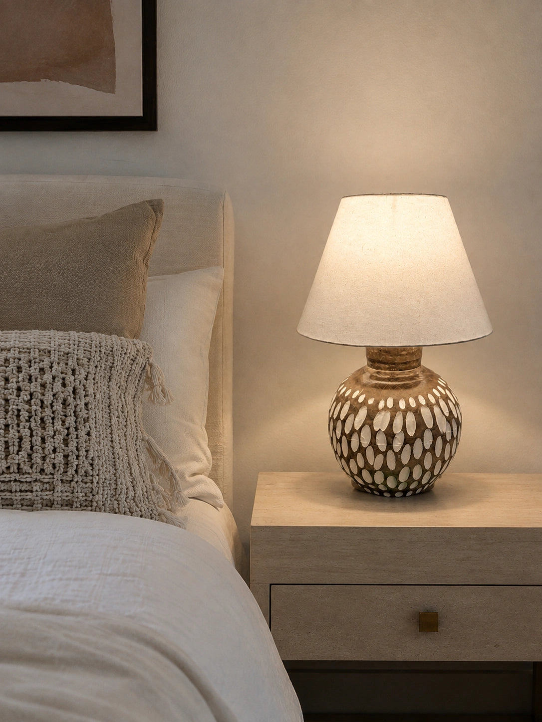 Brown wooden patterned table lamp with white shade for bedroom bedside décor