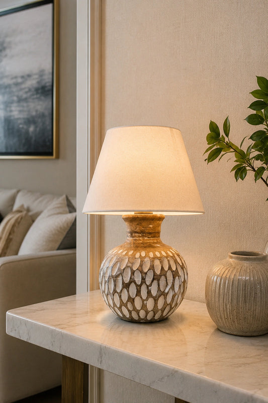 Brown wooden patterned table lamp styled on a living room side table