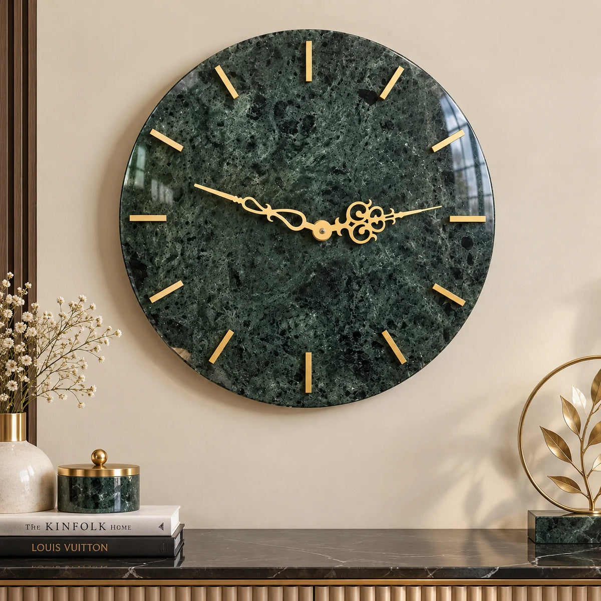 Luxury dark green marble wall clock with gold markers and ornate hands for home decor