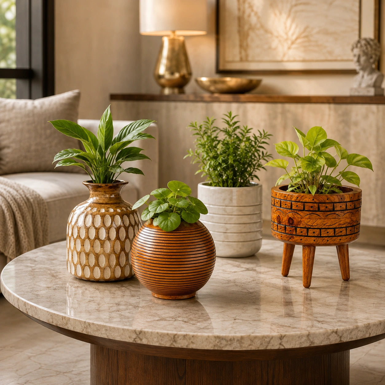 Designer flower pots and indoor planters styled with green plants in a modern luxury home interior by Reggal Decors