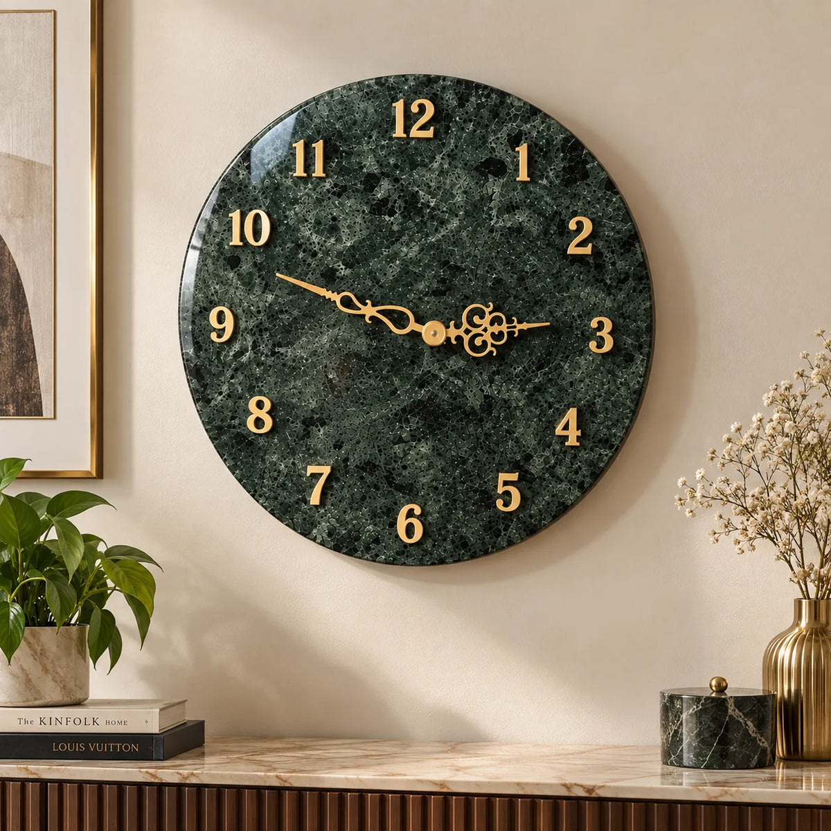 Designer green marble wall clock with gold hands and numbers for modern home decor