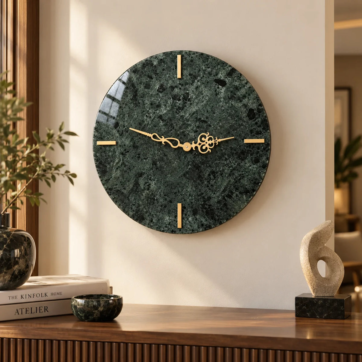 Designer green marble wall clock with gold details for luxury wall decor
