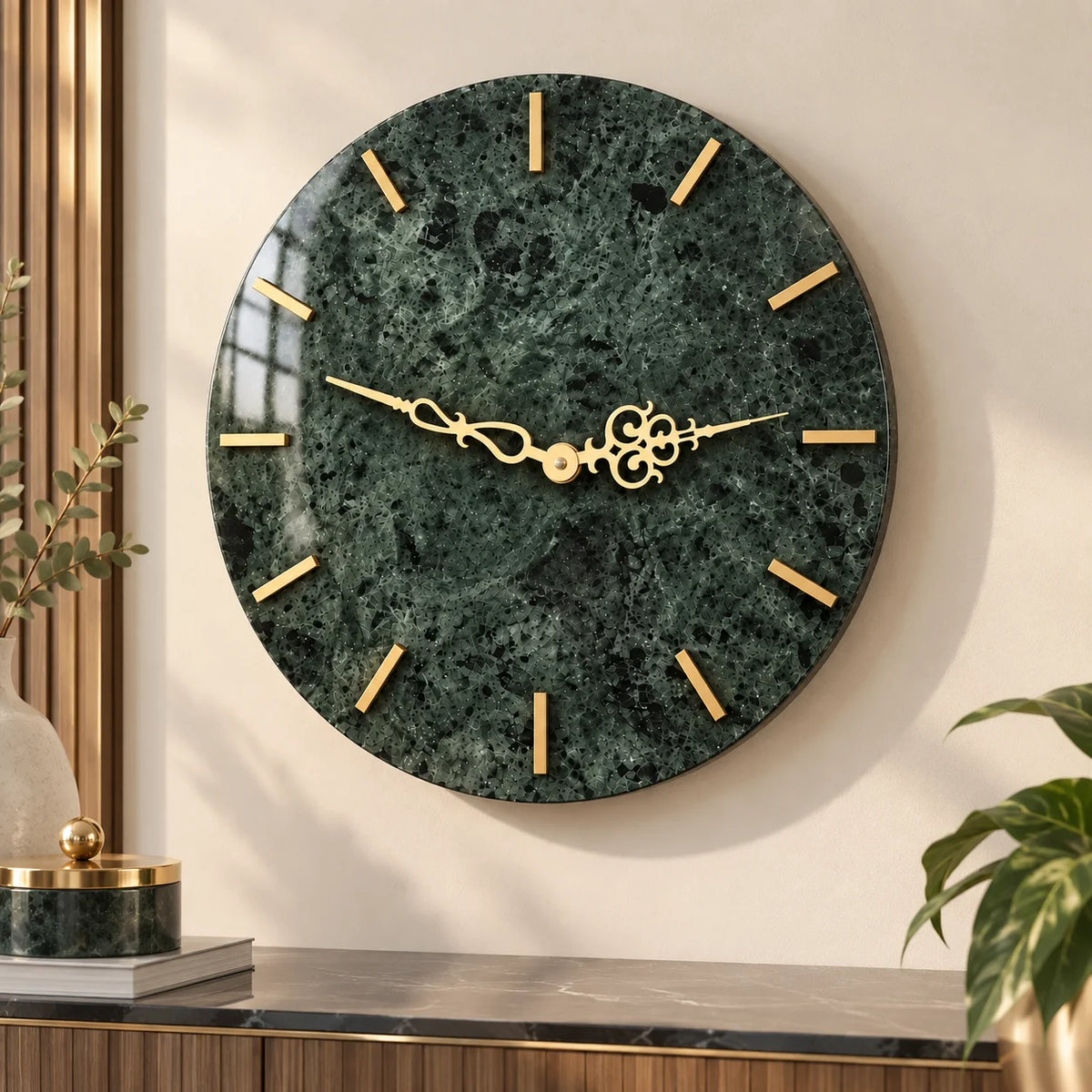 Designer green marble wall clock with gold accents for living room and luxury home decor