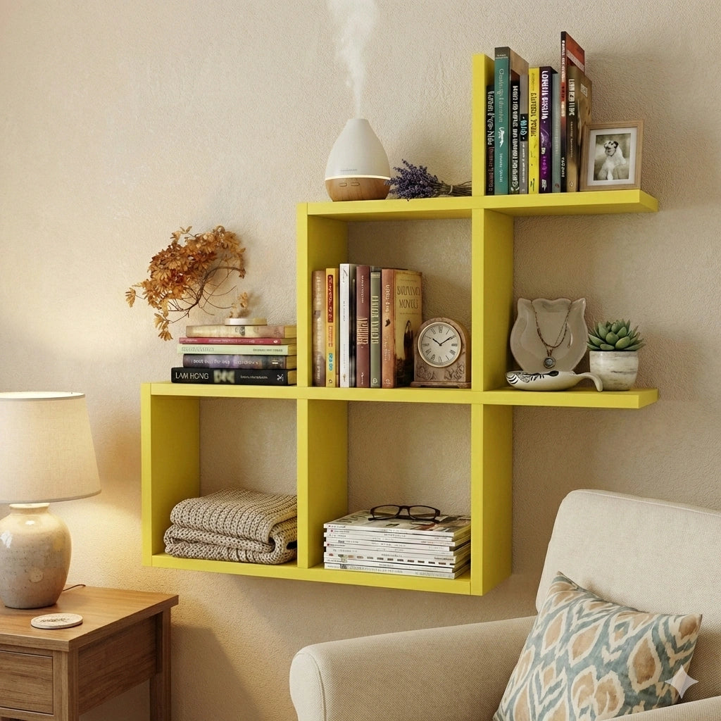 Geometric wall mounted wooden shelf with multiple display compartments