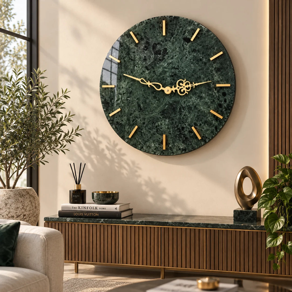Round green marble wall clock with gold hands and markers for modern wall decor