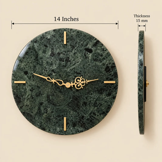 Round green marble wall clock with gold hands in a modern luxury living room