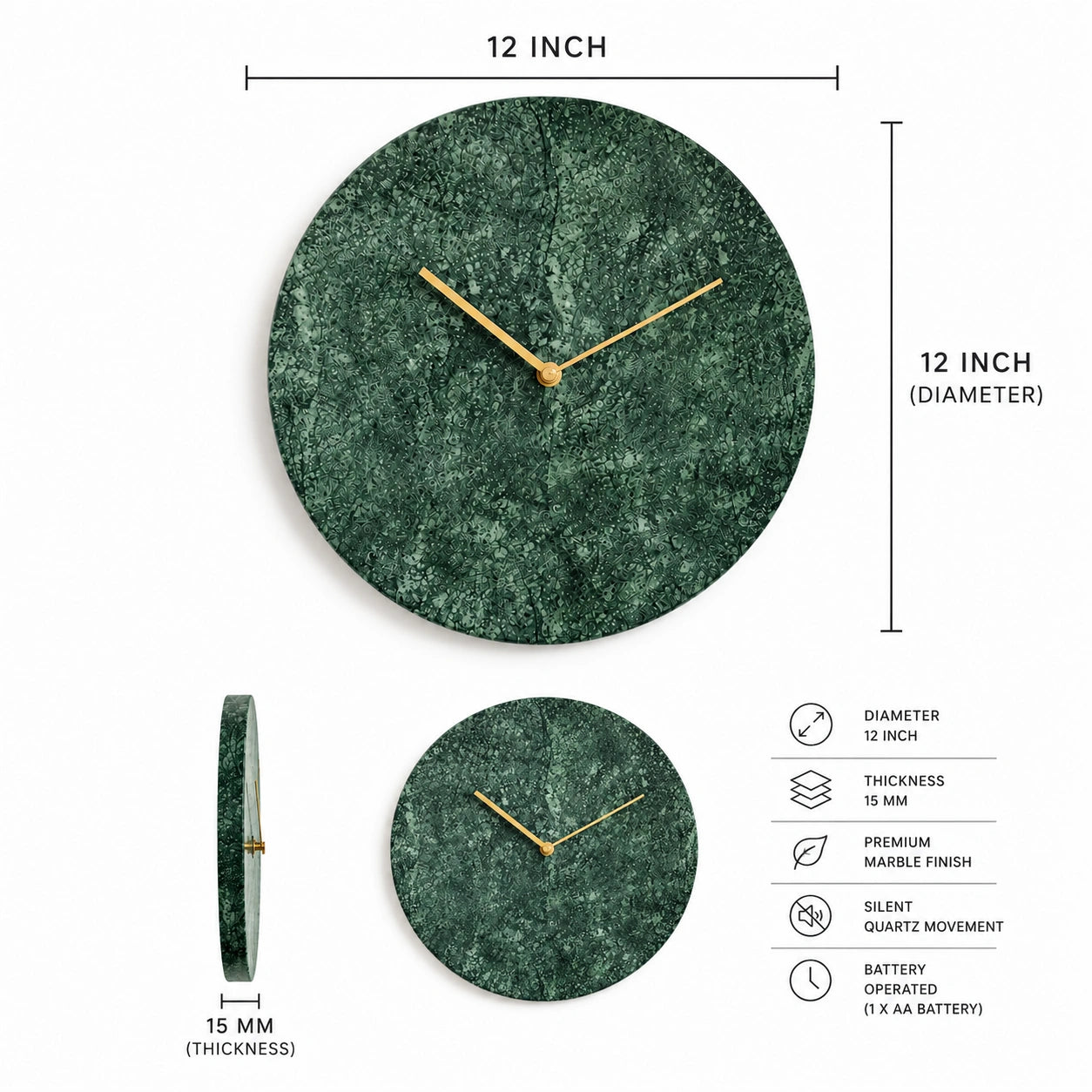 Green marble table clock with premium natural marble finish for affordable home and office decor