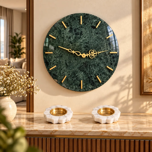 Green marble wall clock and two marble diya combo set for home decor