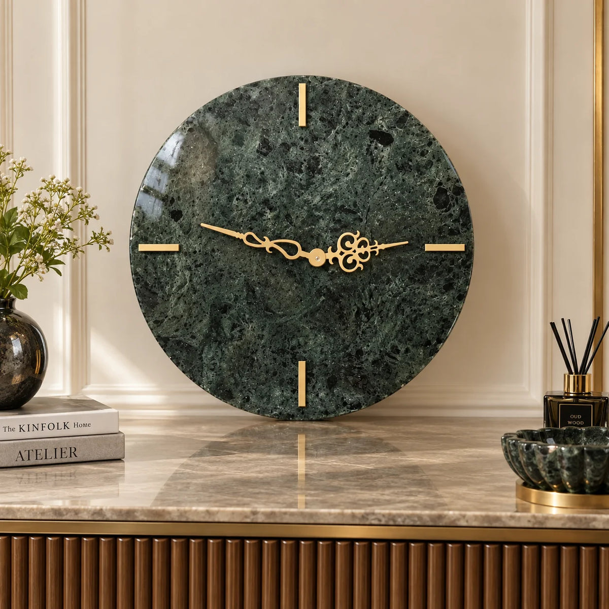 Luxury green marble wall clock with gold accents for elegant home decor