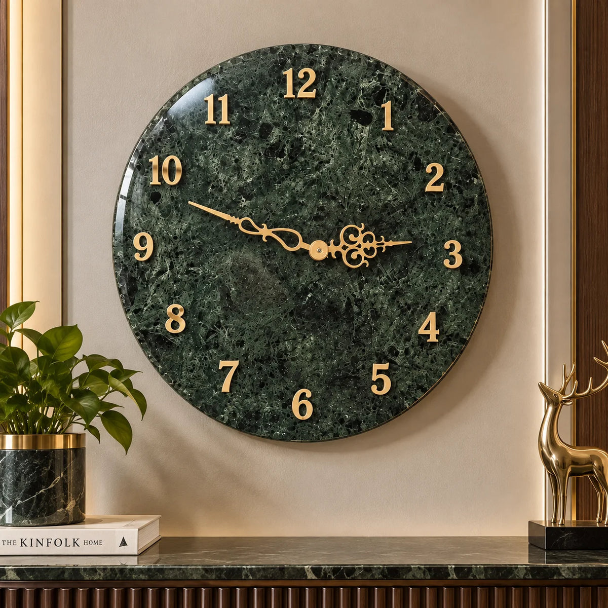 Luxury green marble wall clock with gold numerals and decorative hands for home decor