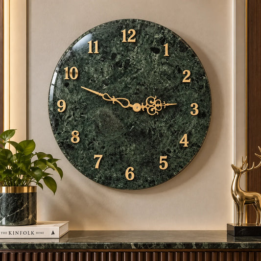 Luxury green marble wall clock with gold numerals and decorative hands for home decor