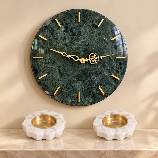Green marble wall clock with two white marble diyas for home decor
