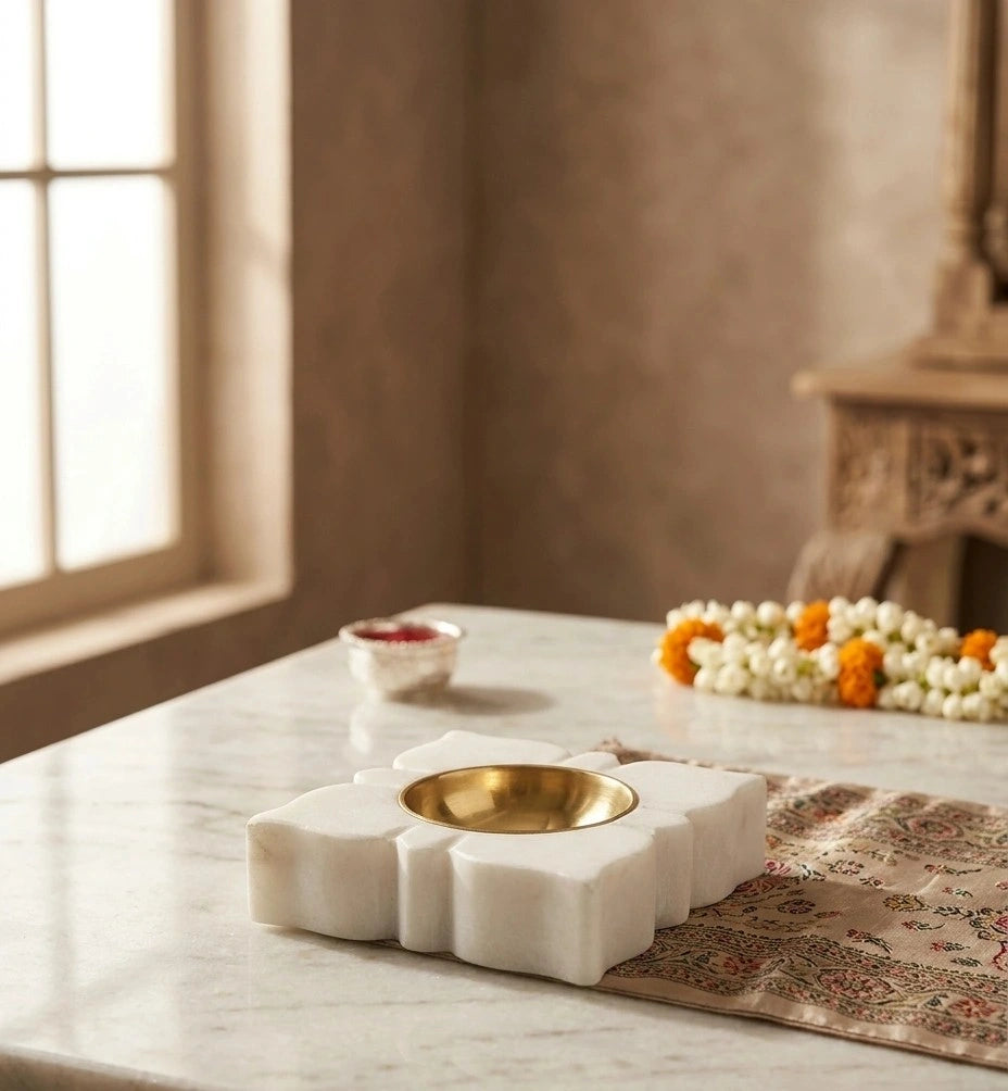 Handcrafted white marble diya with polished brass bowl, luxury Indian pooja décor, Diwali decoration, festive home styling and traditional marble diya