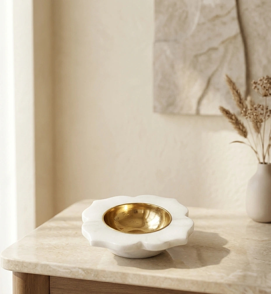 Handcrafted white marble diya with brass bowl for Indian festival and Diwali decoration