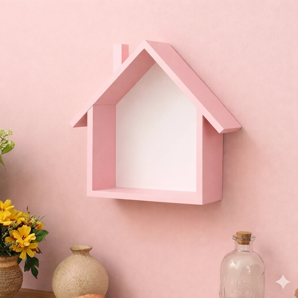 House shaped wooden wall shelf for home décor