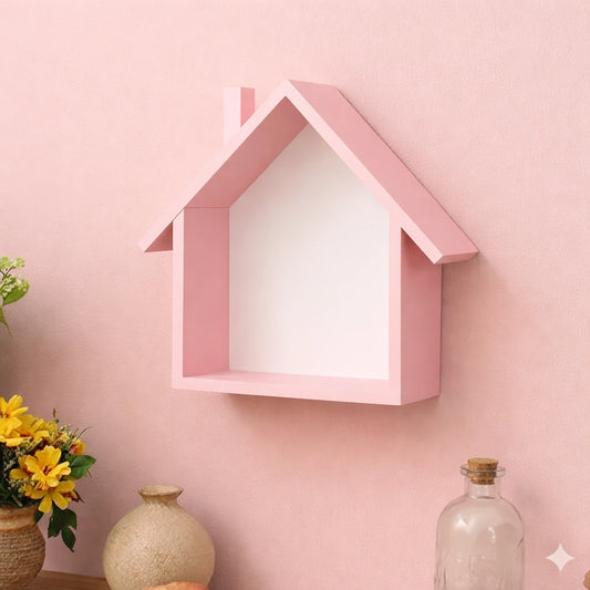 House shaped wooden wall shelf for home décor