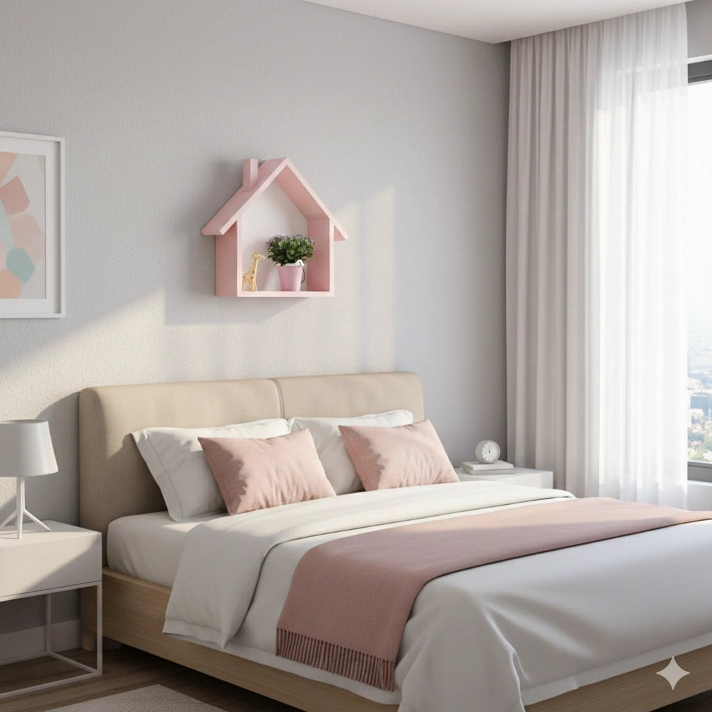 Hut shaped wooden wall shelf for decorative display