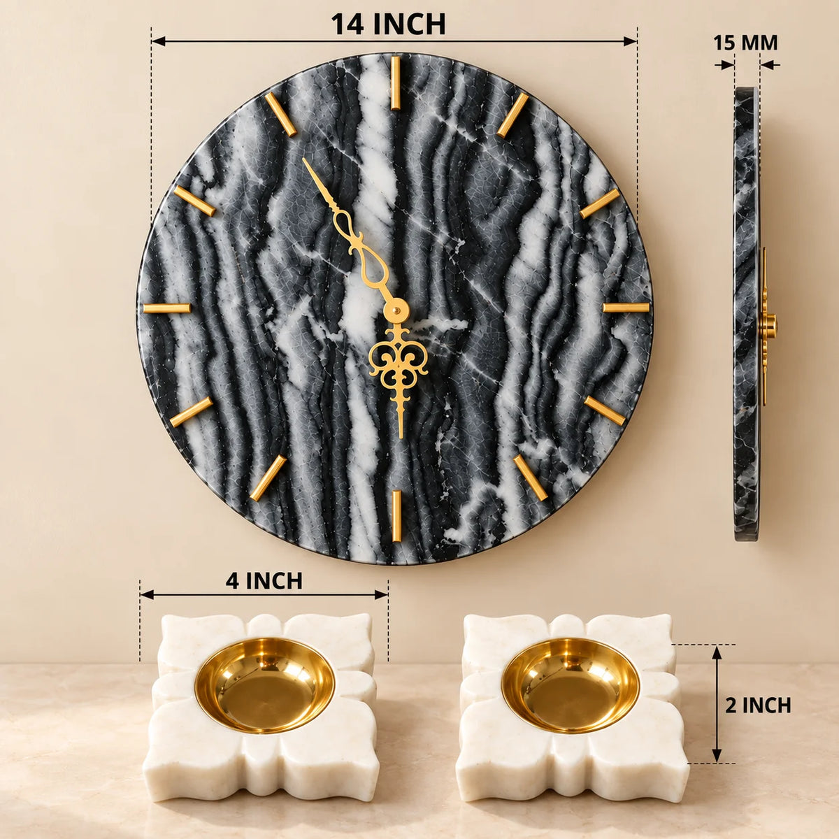 Luxury black marble wall clock with two decorative marble diyas
