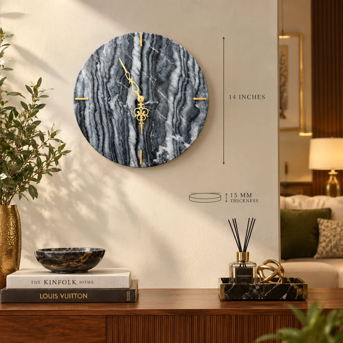 Luxury black marble wall clock with elegant gold dial details