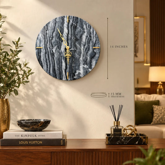 Luxury black marble wall clock with elegant gold dial details