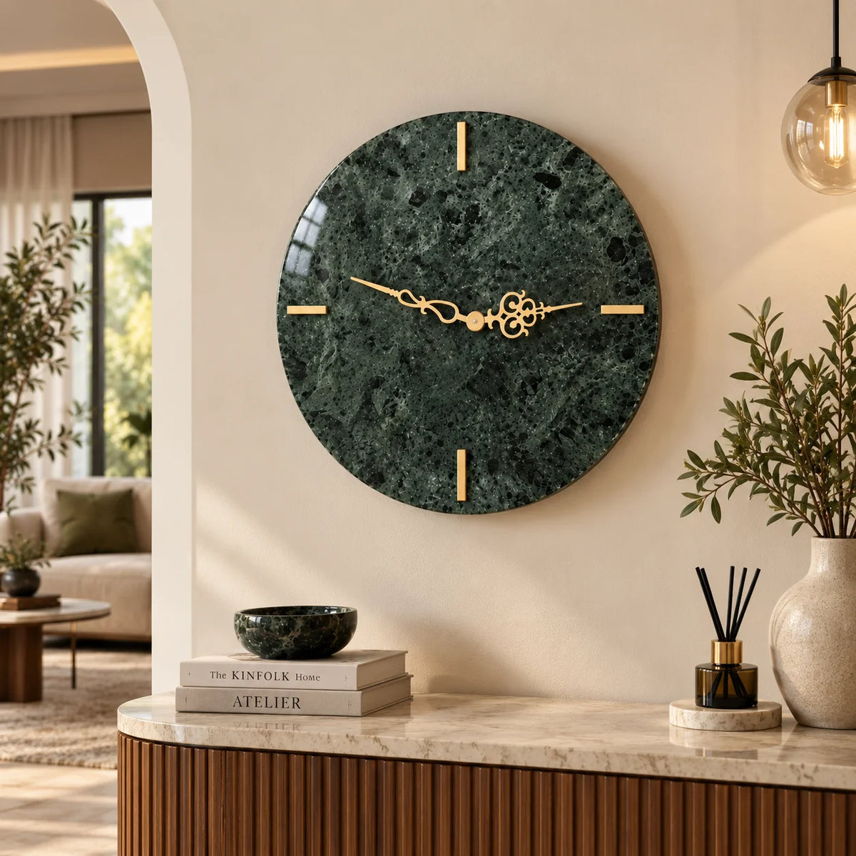 Luxury green marble wall clock with decorative gold dial and hands for home decor