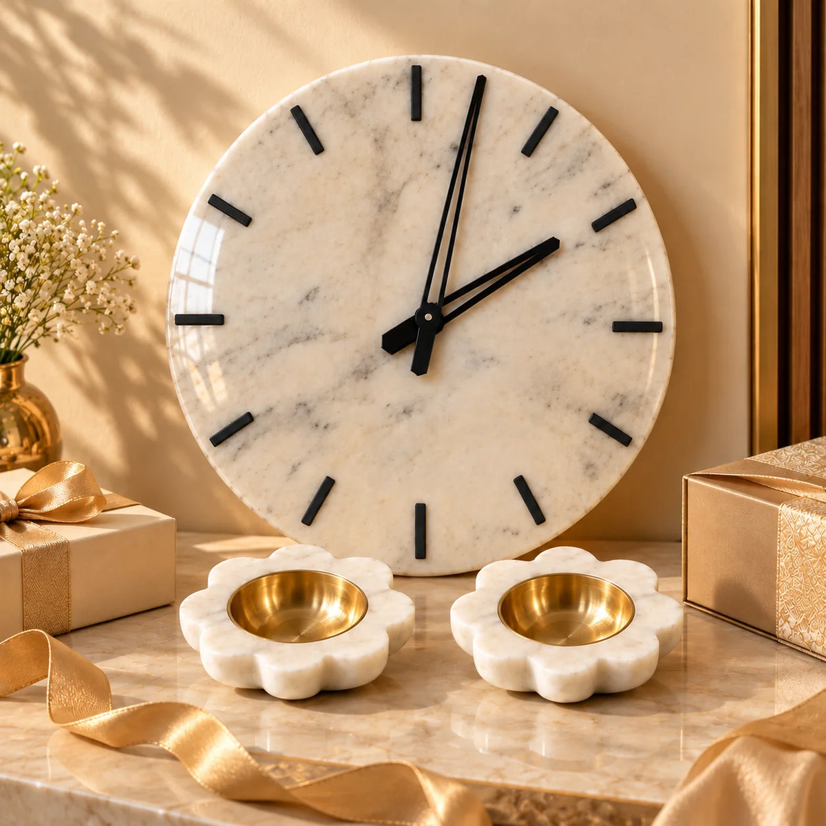 Luxury marble wall clock and diya combo for home decoration
