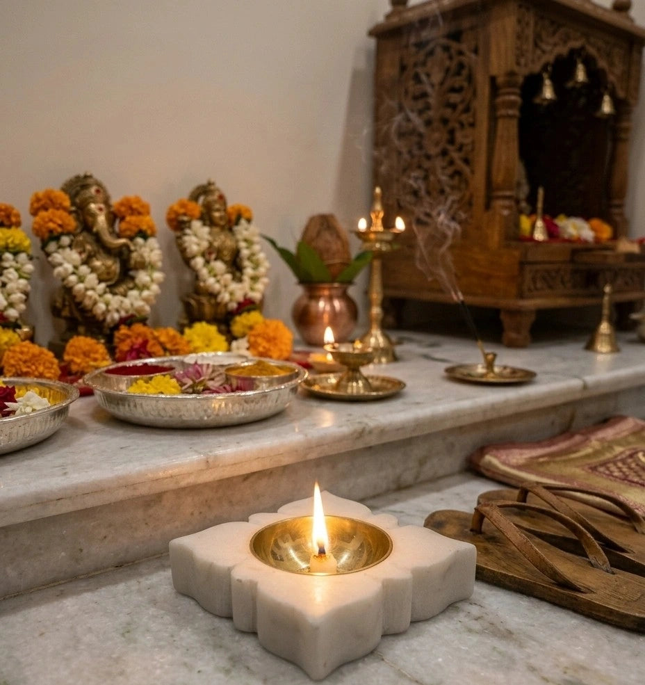Luxury white marble diya with gold brass bowl displayed on cream marble surface, premium Indian home décor and traditional pooja decoration