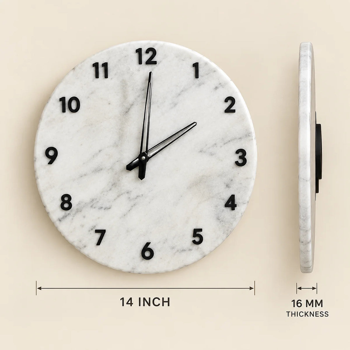 Luxury white marble wall clock with black numerals displayed on a cream wall in a modern living room, adding a timeless touch to home décor.