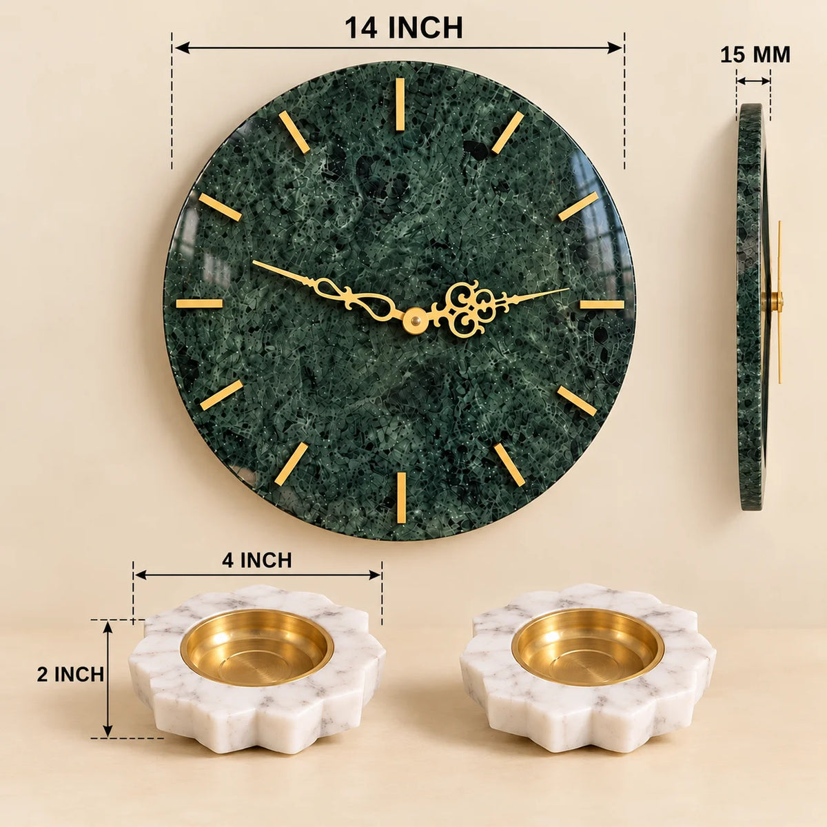Marble wall clock and two diya set for elegant home decoration