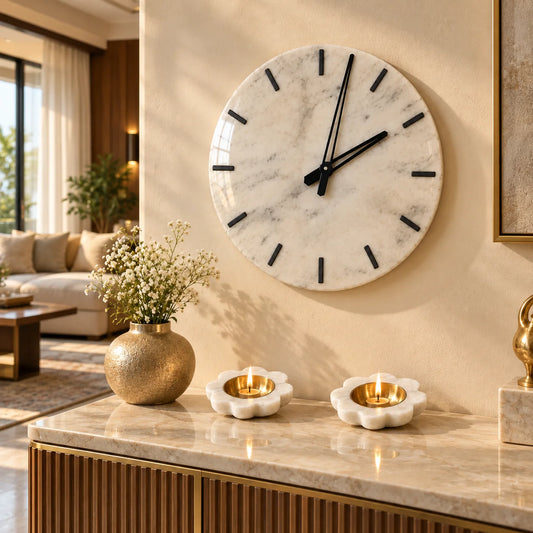 Marble wall clock and two diya set for Indian home decor