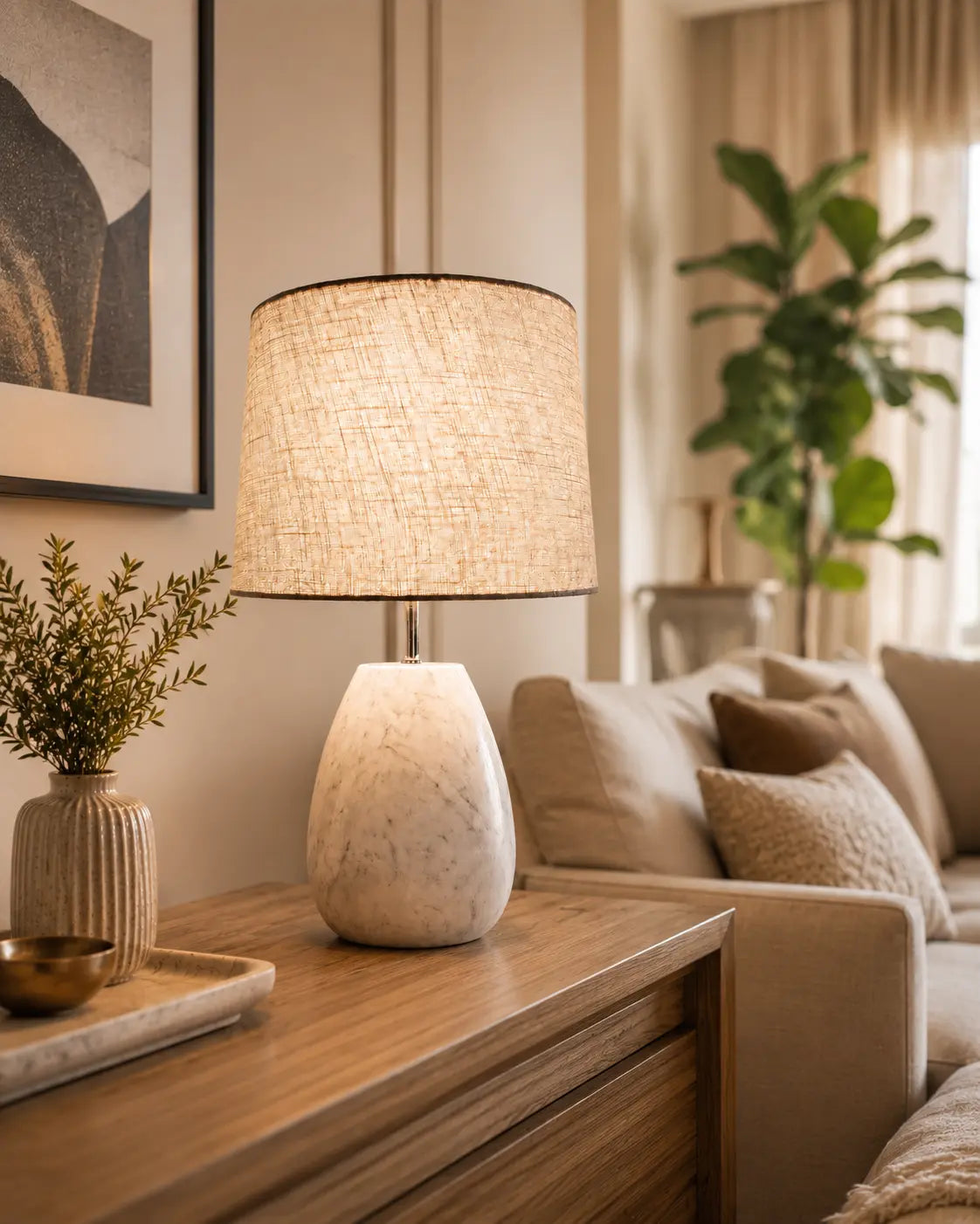 Luxury white marble table lamp with premium fabric lampshade for bedroom, living room, and modern home décor