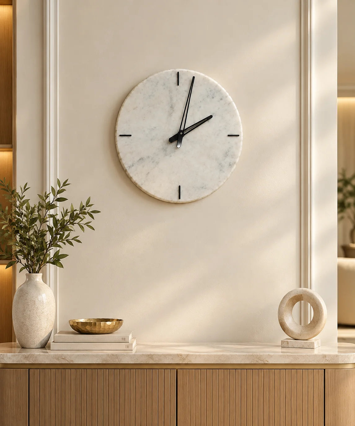 Modern white marble clock with black hands for stylish wall decor